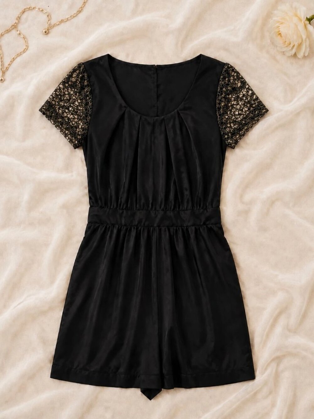 BCBG Black Romper Metallic Lace Sleeves XXS